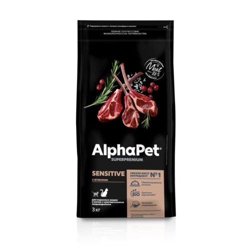 ALPHAPET SUPERPREMIUM 400 гр сухой корм для взрослых кошек и котов с чувствительным пищеварением с ягненком 1х14