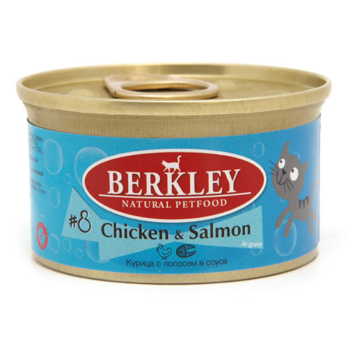 BERKLEY №8 Adult Chicken&Salmon Корм влаж.курица с лососем в соусе д/кошек конс.85г