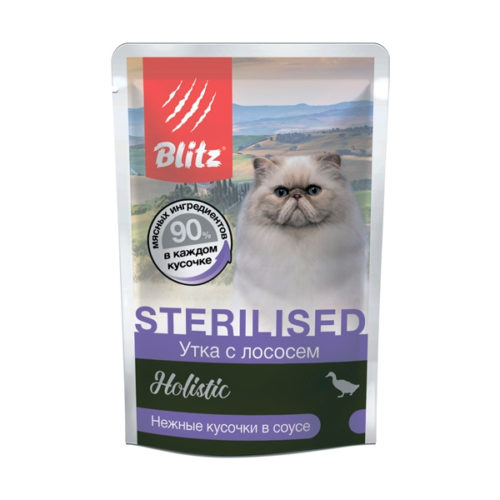 BLITZ Holistic Sterilised Корм влаж.утка с лососем кус.в соусе д/стерилизованных кошек пауч 85г