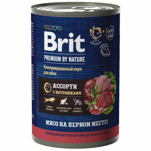 BRIT Premium by Nature Adult Корм влаж.мясное ассорти с потрошками д/собак конс.410г