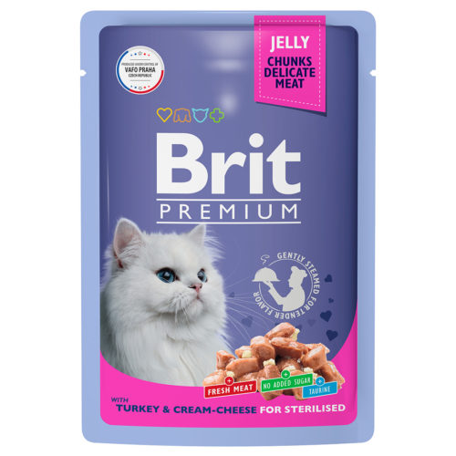 BRIT Premium Cat Sterilised Корм влаж.индейка с сыром в желе д/стерилизованных кошек пауч 85г