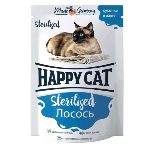 HAPPY CAT Корм влаж.лосось кусочки в желе д/стерилизованных кошек 100г (R)