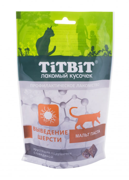 TIT BIT Хрустящие подушечки с говядиной выведение шерсти д/кошек 60г