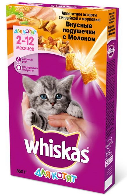 WHISKAS Вкусные подуш.молоко с инд/морк.корм сух.д/котят 1