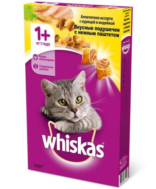 WHISKAS Вкусные подуш.паштет с кур/инд.корм сух.д/кошек 1