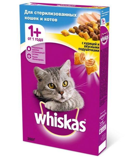 WHISKAS Вкусные подушечки с курицей сух. д/стерилизованных кошек и котов 1